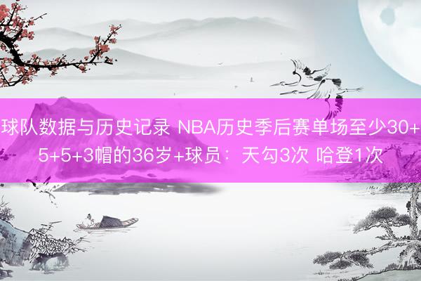 球队数据与历史记录 NBA历史季后赛单场至少30+5+5+3帽的36岁+球员：天勾3次 哈登1次